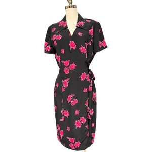 Patrick Collection Silk Wrap Dress Size 12 Black Pink Floral